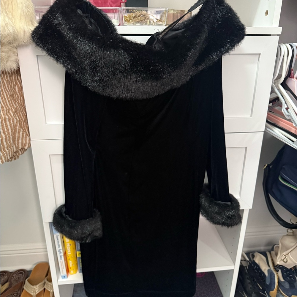 Black off shoulder faux fur knee length dress